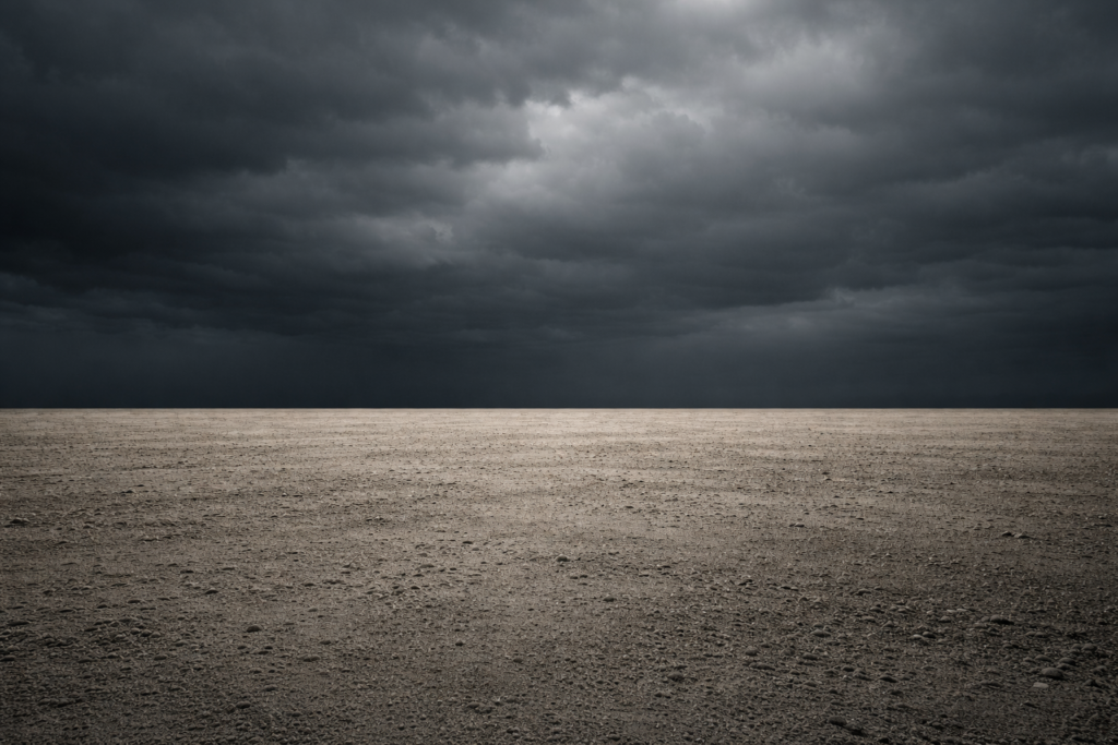 Desaturated landscape photograph divided by a sharp central horizon, dark clouded sky above and dry illuminated earth below