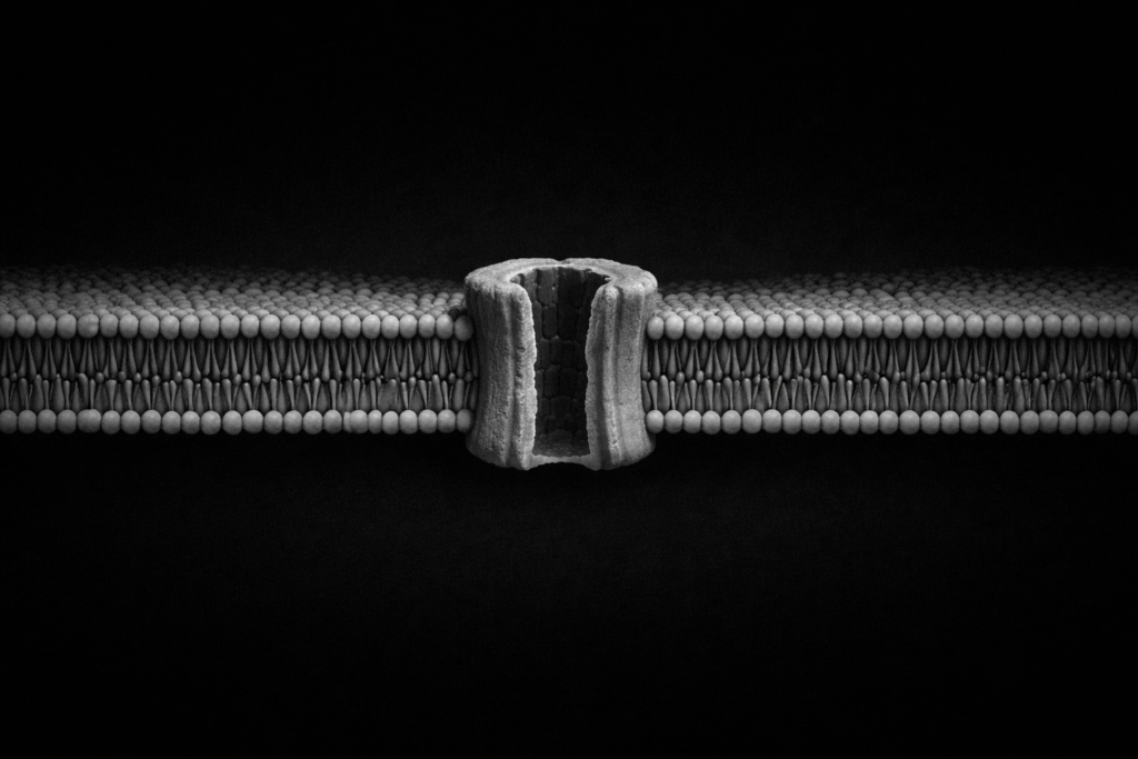Grayscale cross-sectional image of a biological membrane with a single central protein channel under controlled lighting