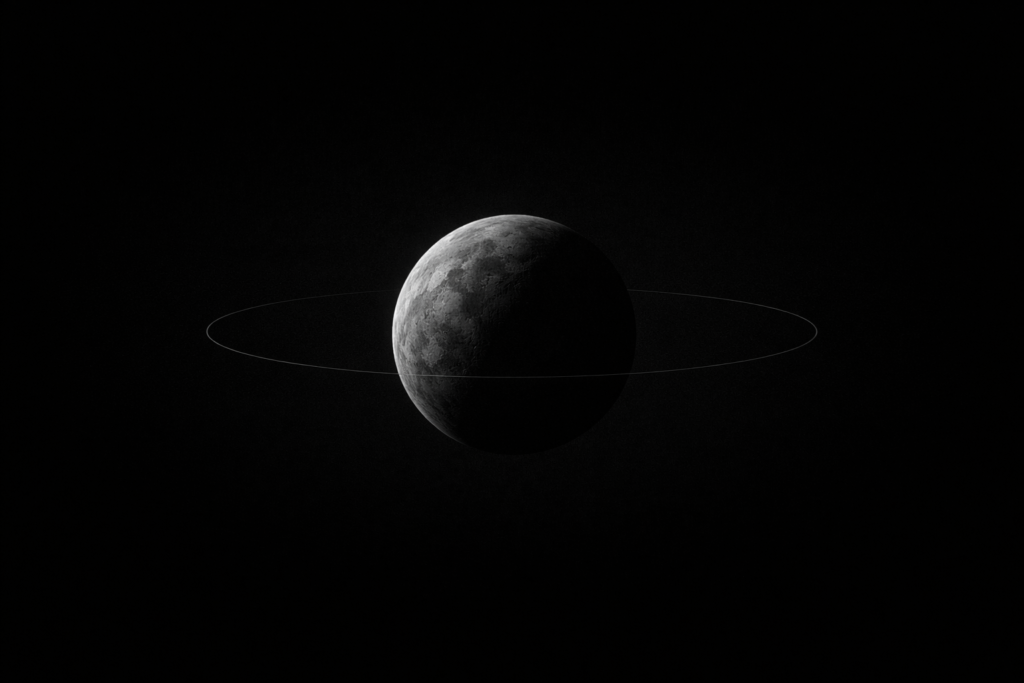 Foundations of Cosmos. Grayscale image of a single celestial body under directional light with a thin orbital line against a black background.