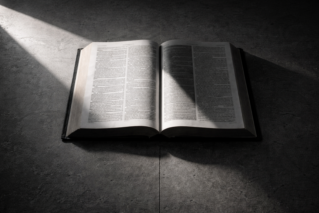 Desaturated landscape photograph of an open Bible viewed from above, sharply divided by a vertical band of hard light and shadow on a dark concrete surface