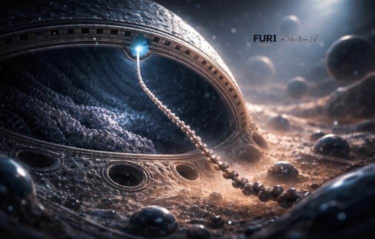 Macro cinematic view of a cell nucleus with double membrane and nuclear pore releasing mRNA into the cytoplasm where ribosomes assemble a regulated polypeptide chain in Information Does Not Improvise