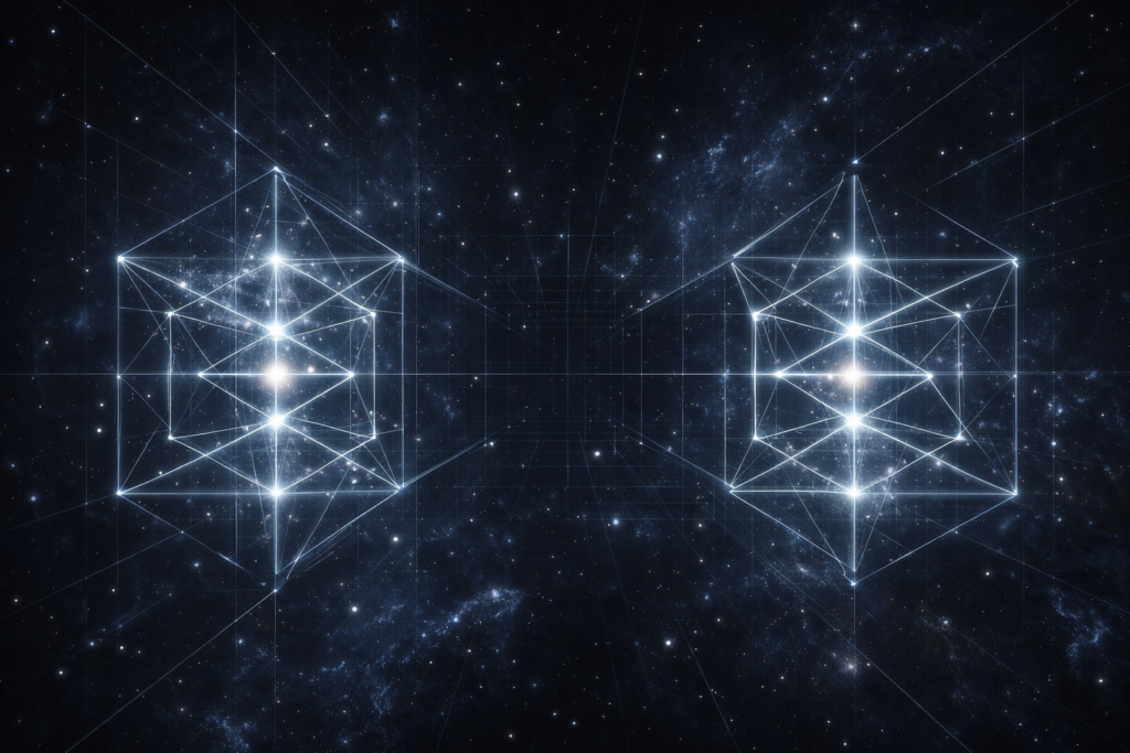Symmetry in cosmic structure showing identical geometric patterns preserved under spatial rotation illustrating invariance of physical law