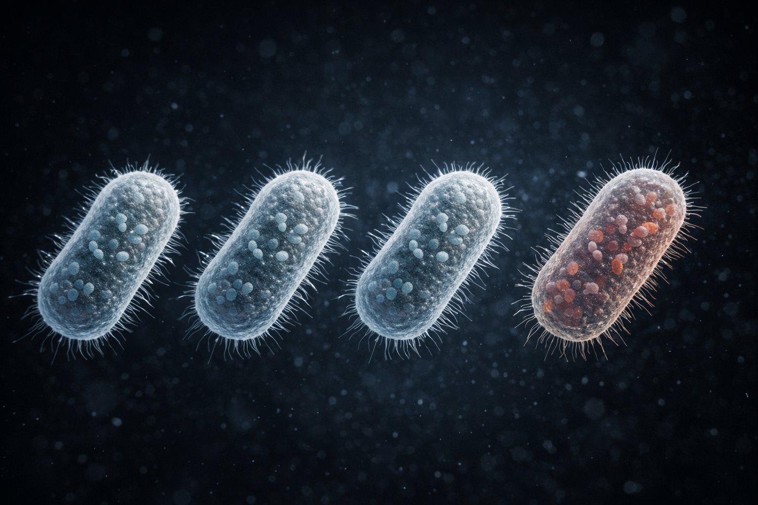 Sequence of microbial cells showing structural variation across repeated biological replication illustrating evolutionary divergence