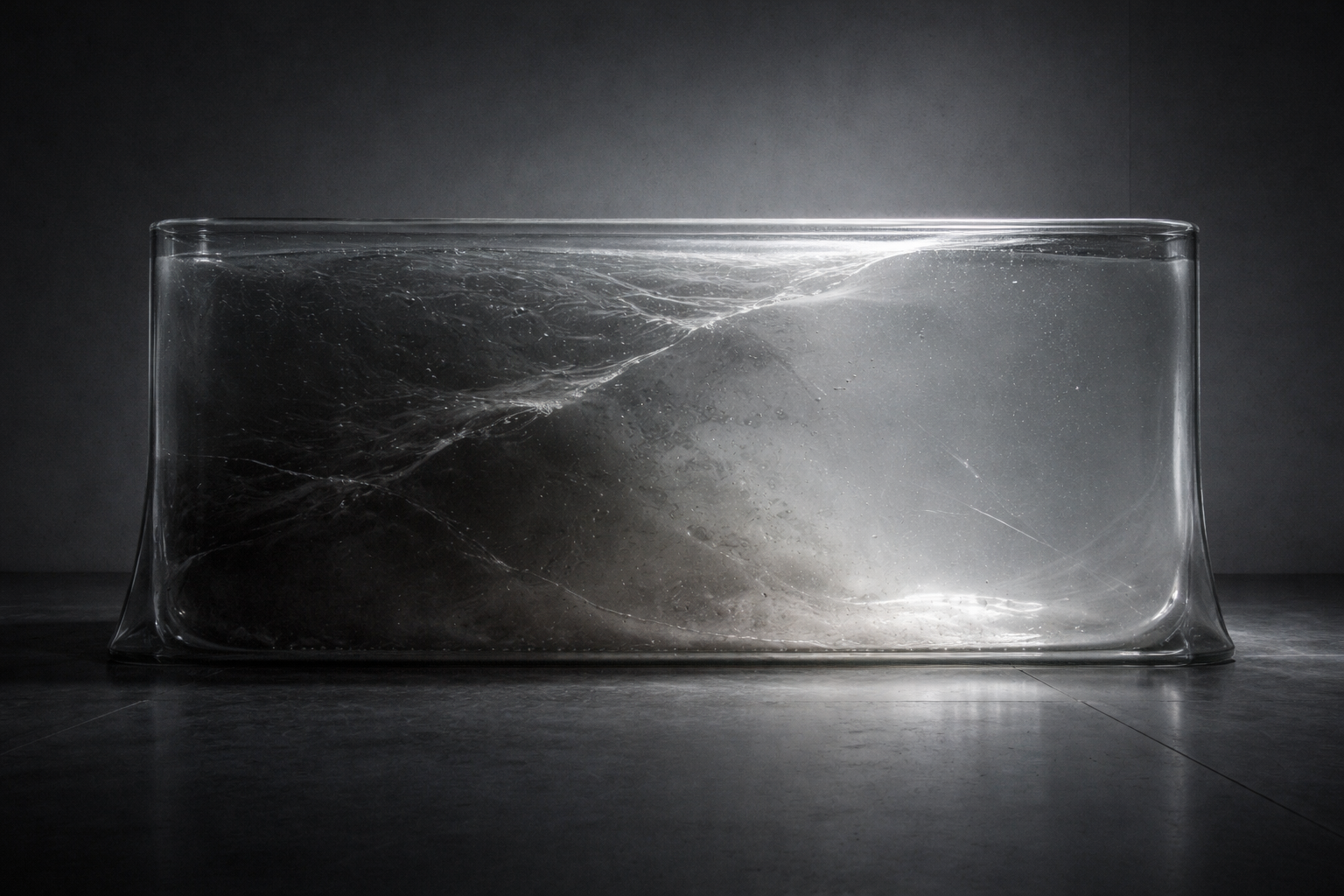 Transparent container holding a dense fluid with uneven distribution, showing higher concentration on one side causing visible wall deformation under pressure