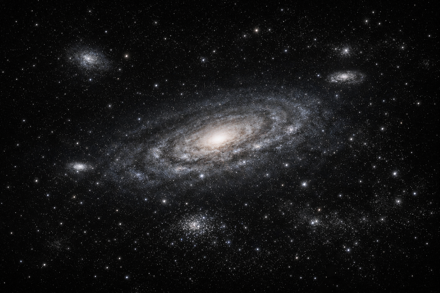Hierarchy cosmic structure showing galaxies, star clusters, and stellar systems organized across multiple spatial scales in the universe