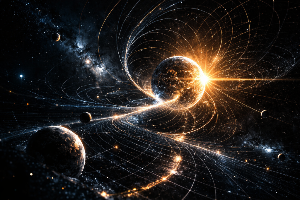 Gravitational field lines curving through cosmic space around a luminous mass illustrating how fields transmit influence across distance in the structure of the cosmos