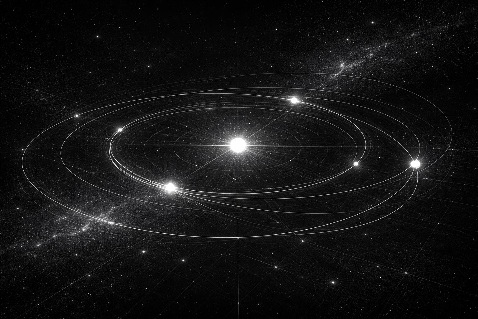 Orbital motion evolving through gravitational relations illustrating dynamics where bodies change position while conserved quantities persist