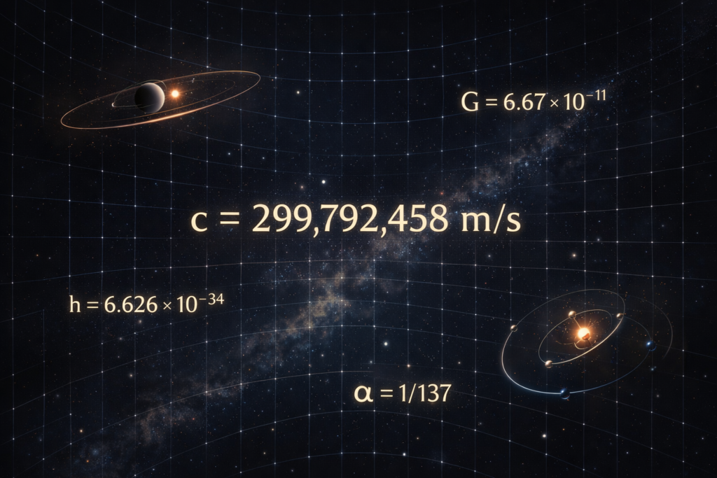 Fundamental constants governing cosmic structure showing speed of light gravitational constant and quantum constants within a geometric space grid