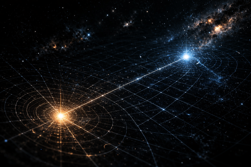 Metric structure in space showing measurable distance between two luminous points connected across a geometric grid in the cosmos.