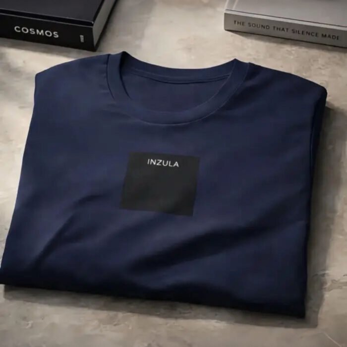 Folded INZULA Foundation Tee Navy on stone surface with books and minimal objects